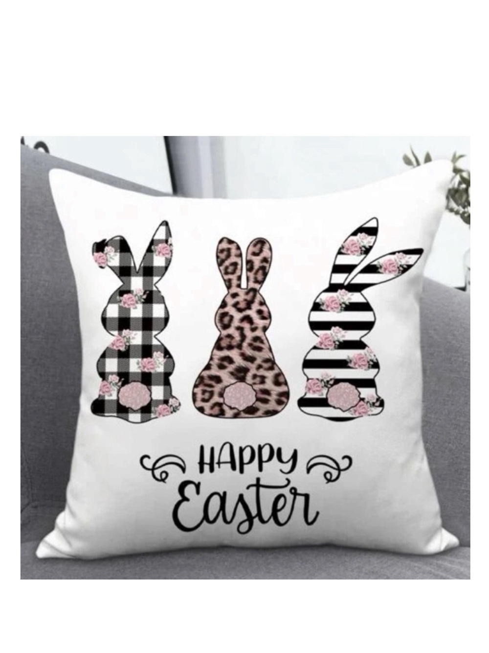 Seasonal Pillow Cover Easter Bunny Rabbit Zip Closure 17.7 In Square Black White